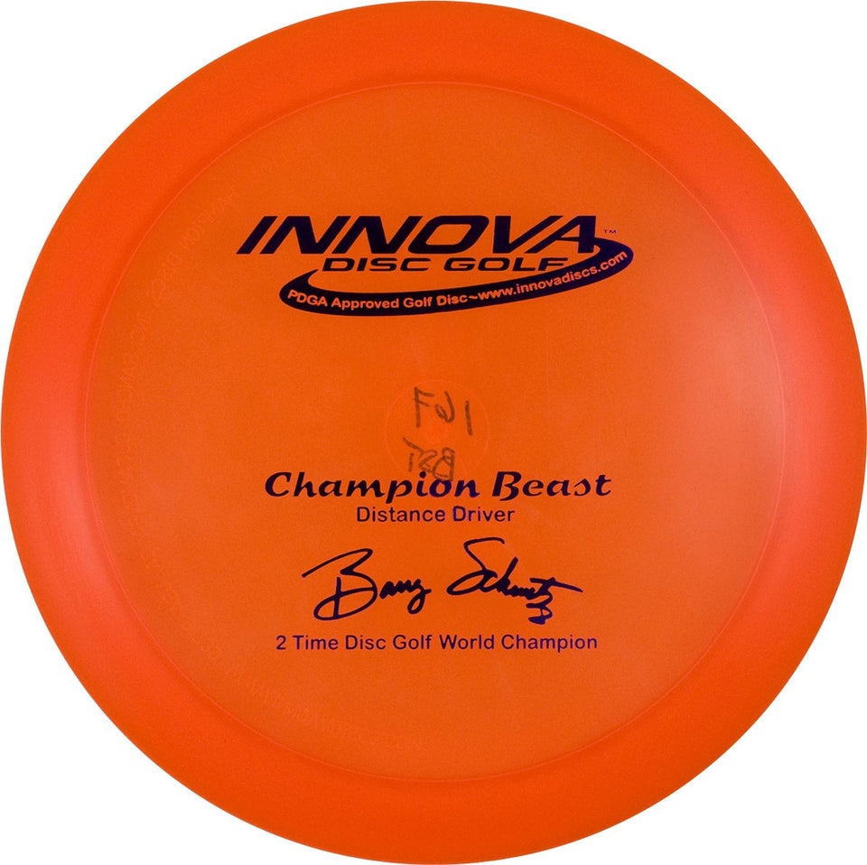 Innova Champion Beast disc in flight, showing long-distance reach with durable Champion plastic.