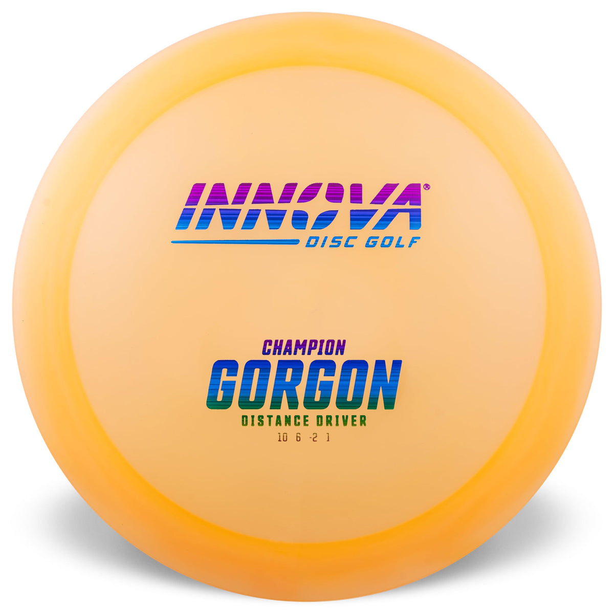 Innova Champion Gorgon branding and flight close-up, clear finish and stable feel.