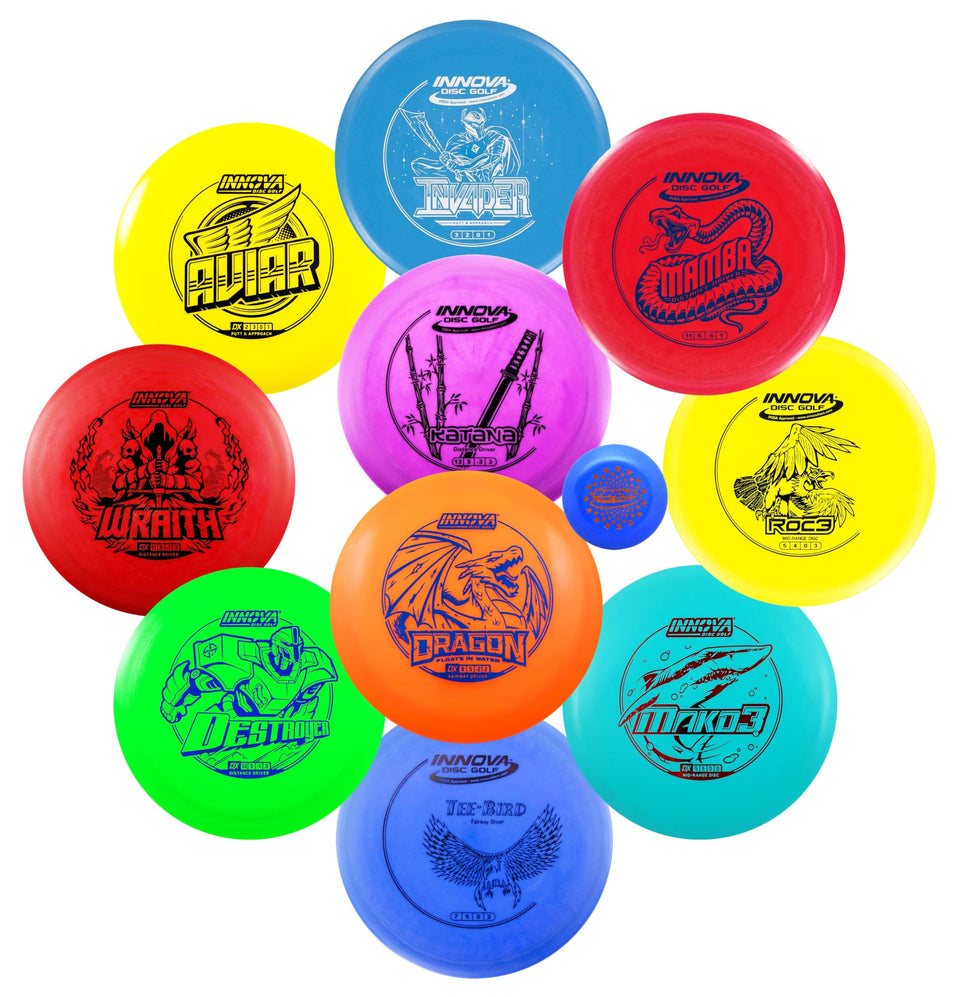 Innova Disc Golf Set 10-Pack displayed in a bag for beginners' starter kit