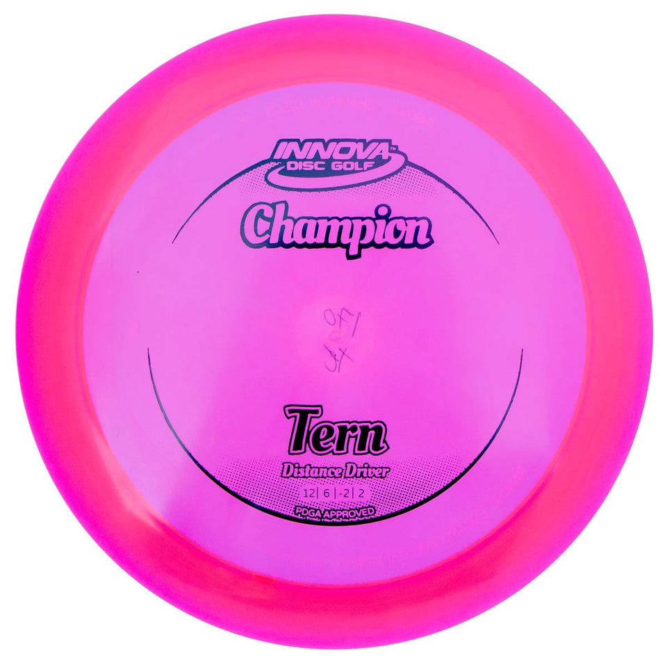 Innova Disc Golf Tern in orange-yellow, champion plastic, offers long glide for power throws.