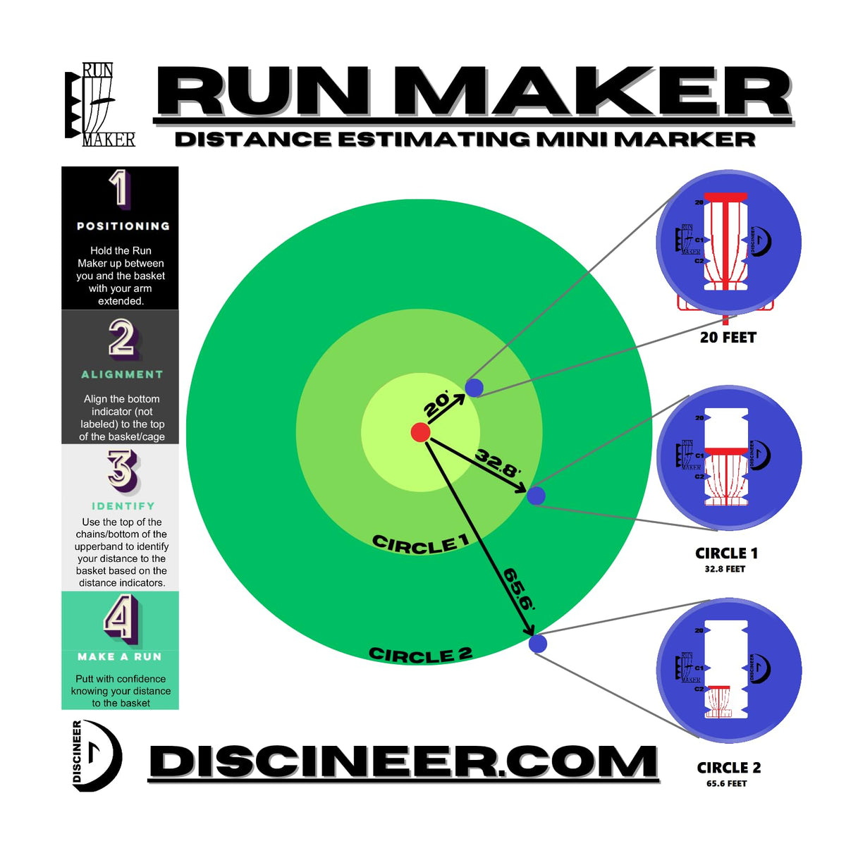 Innova Discineer Run Maker Mini marker by the basket displaying distance ahead.