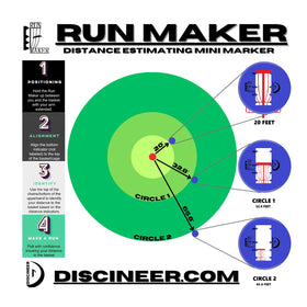 Innova Discineer Run Maker Mini marker by the basket displaying distance ahead.