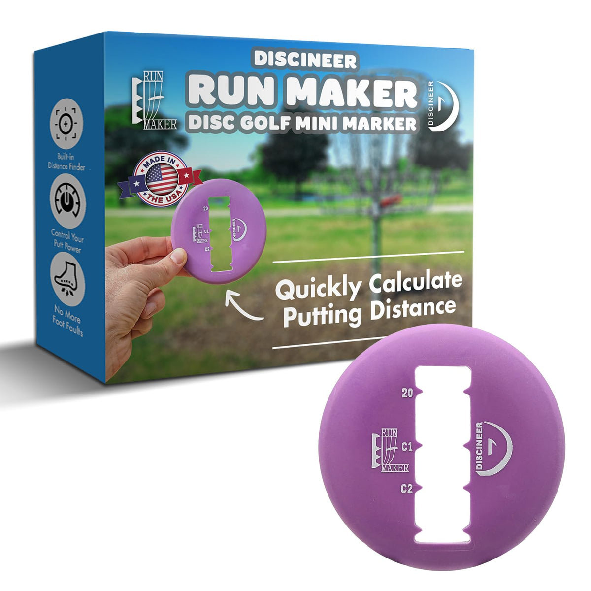 Innova Discineer Run Maker Mini marker showing distance readout to the basket.