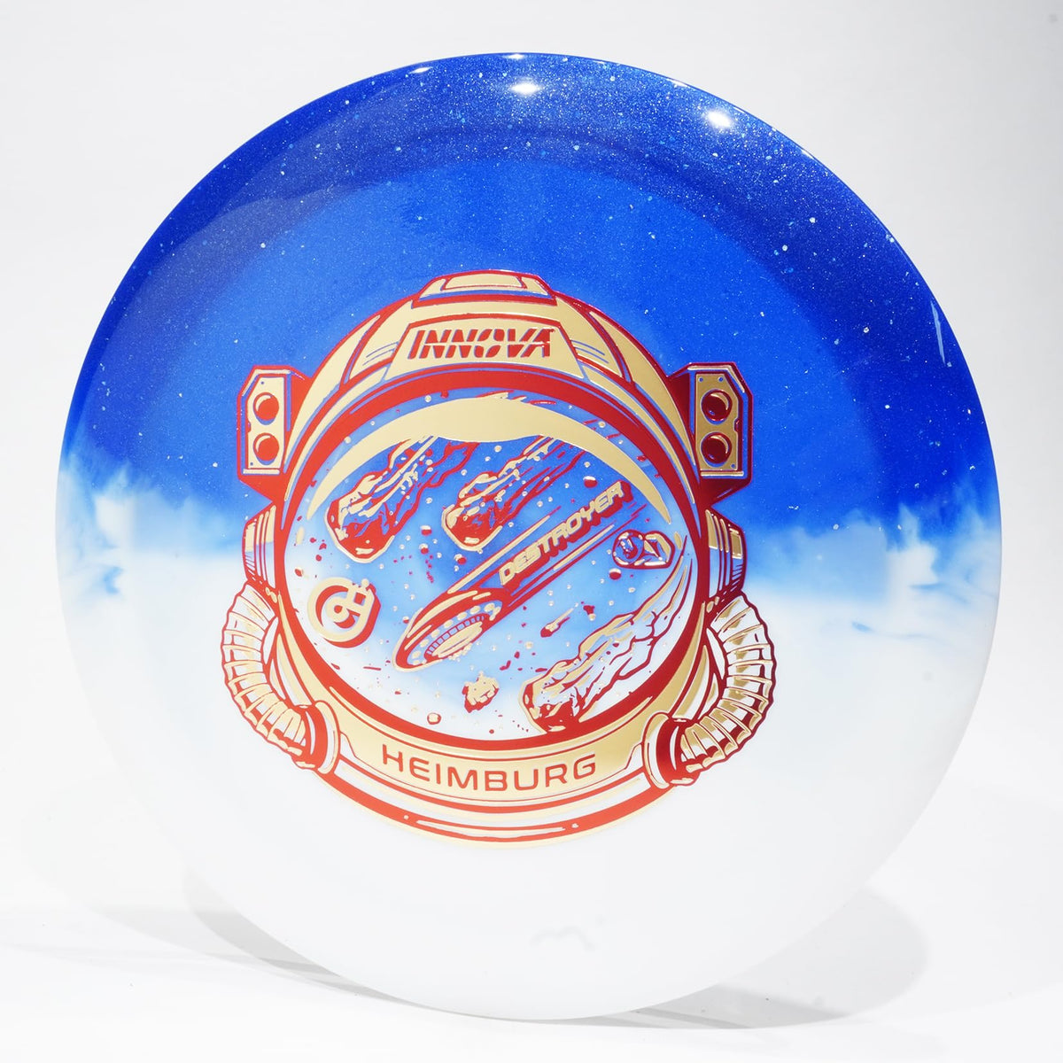 Innova Disc Golf Duo Destroyer in blue with gold stamp, ideal for maximum distance and wind resistance.