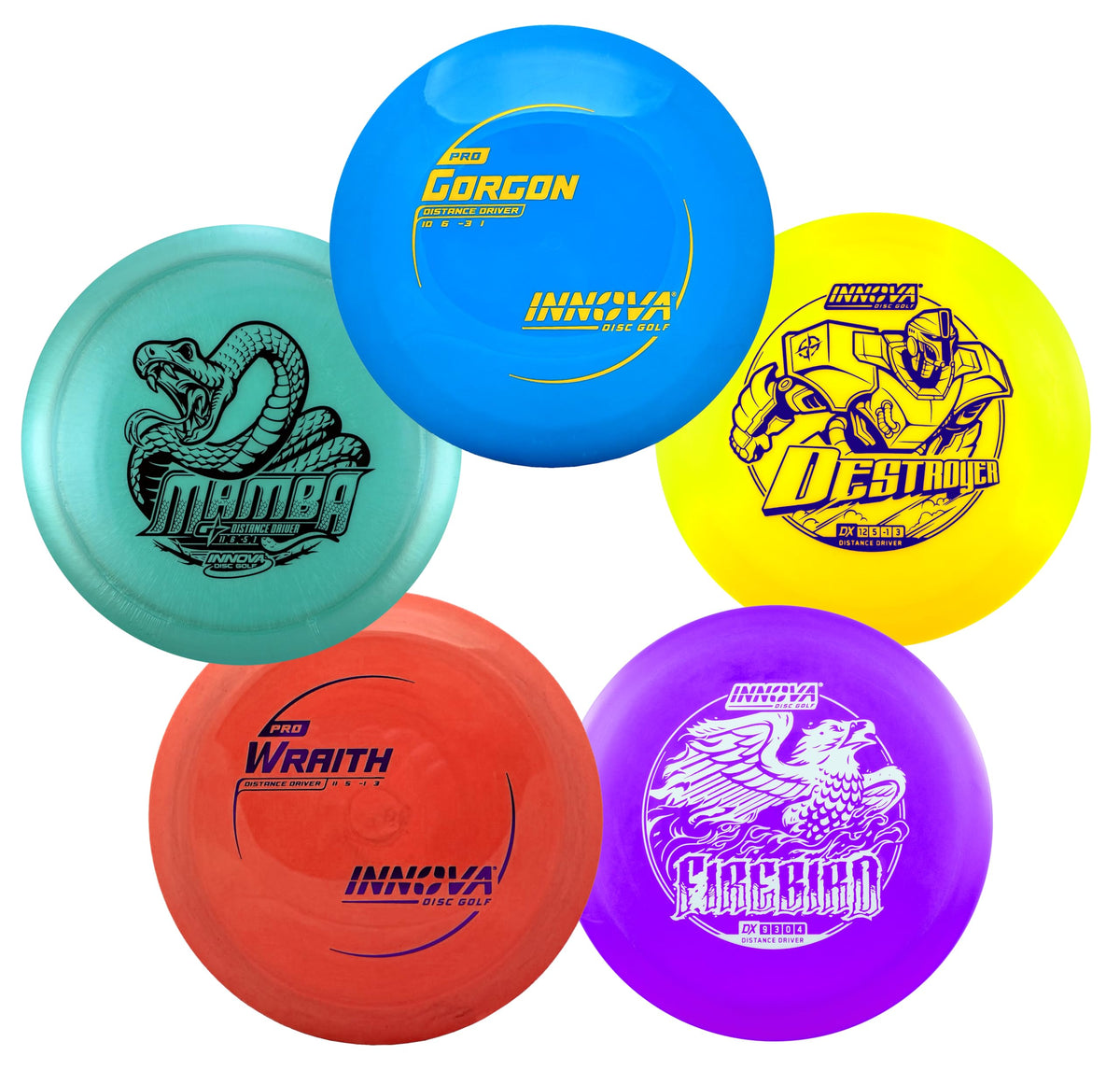 Innova Firebird distance driver in flight, overstable with wind-ready finish for tough lines.