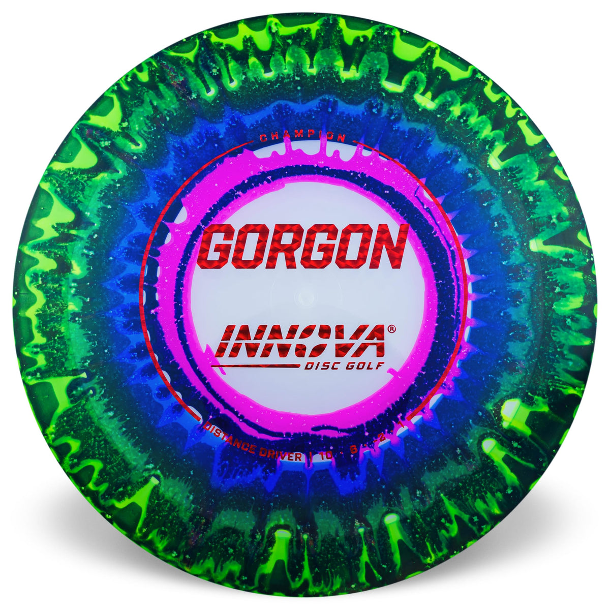 Innova I-Dye Gorgon in flight shows straight glide with a reliable fade for long throws.