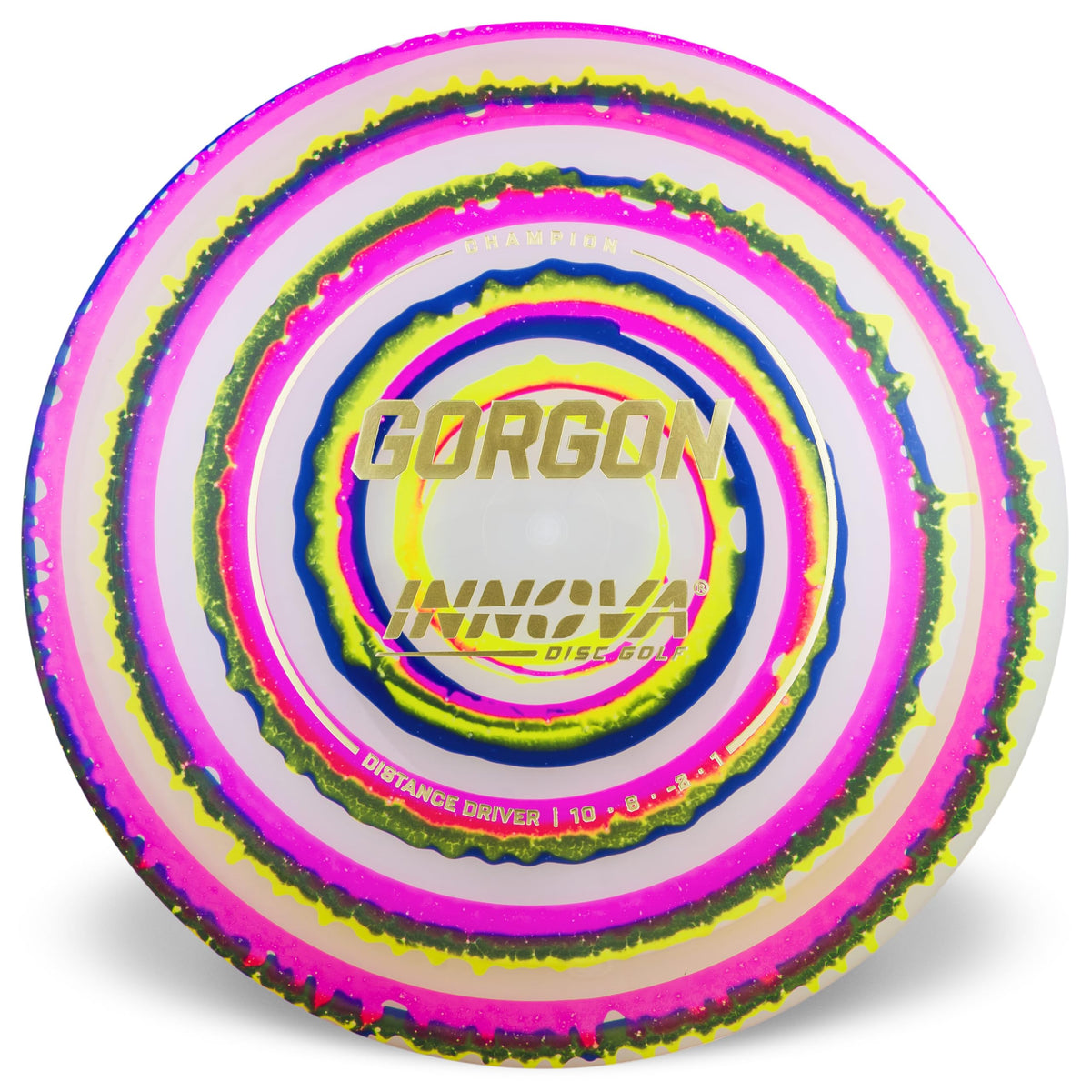 Innova I-Dye Gorgon close-up reveals vibrant pattern on translucent Champion plastic.