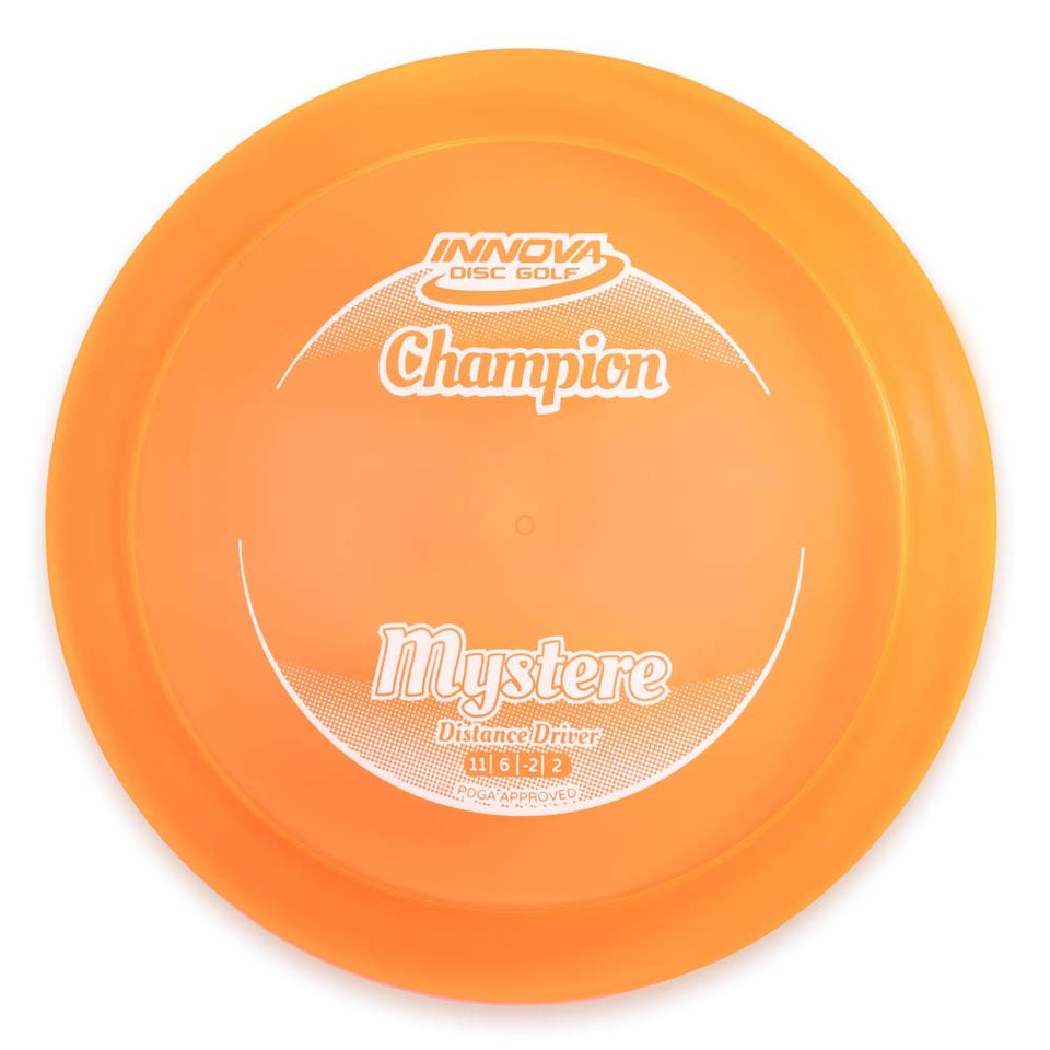 Inova Mystere distance driver in Champion plastic for long, precise throws.
