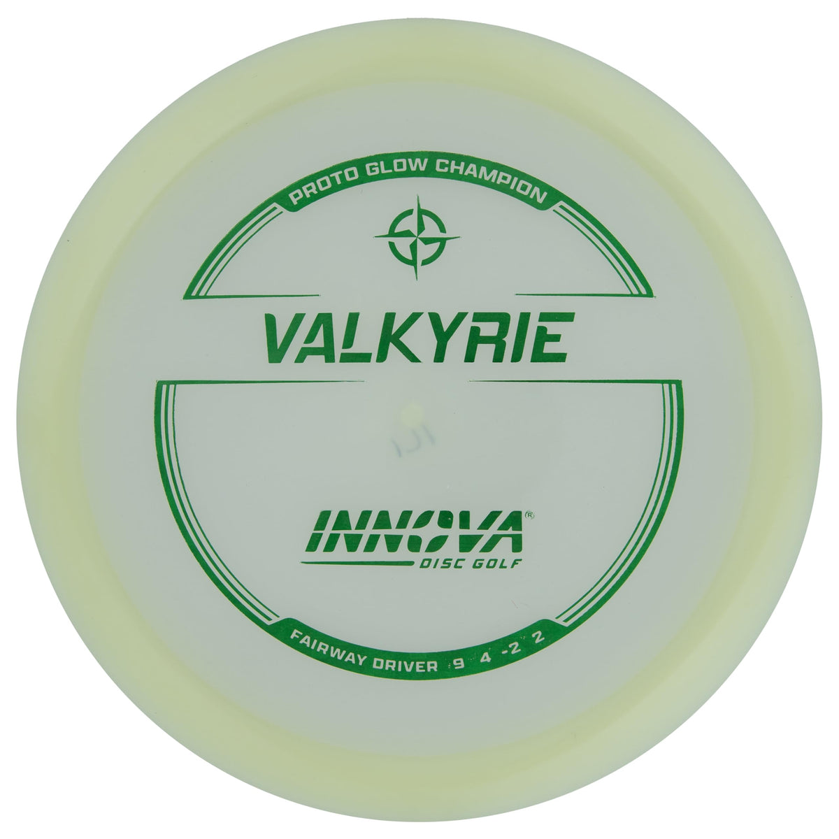 Innova Proto Glow Valkyrie glow disc front view for night flights.