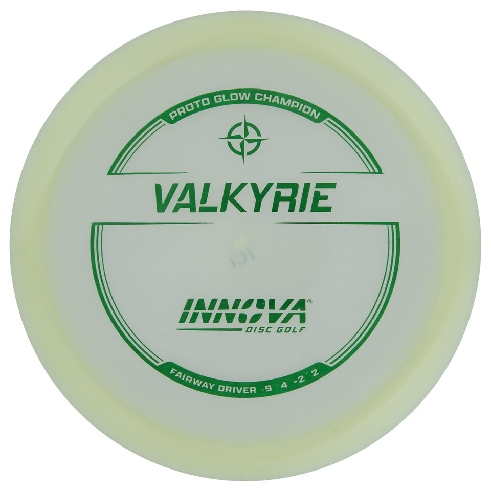 Innova Proto Glow Valkyrie glow disc front view for night flights.