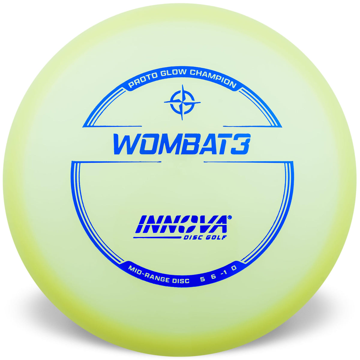 Innova Proto Glow Wombat3 mid-range in hand at dusk with glow for night play.