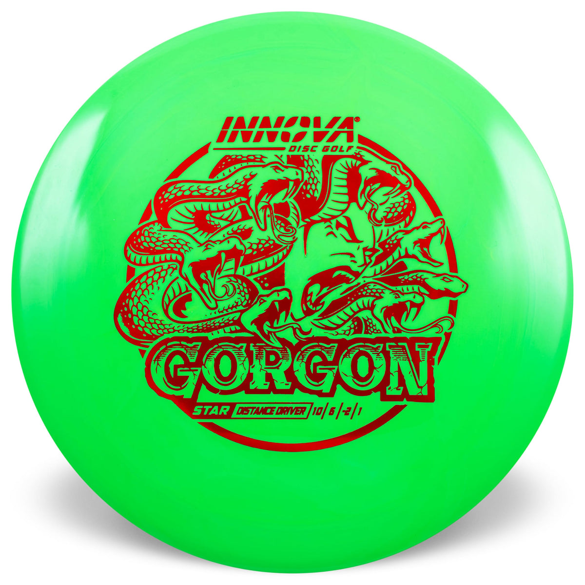Innova Star Gorgon highlights Star plastic grip for reliable releases.