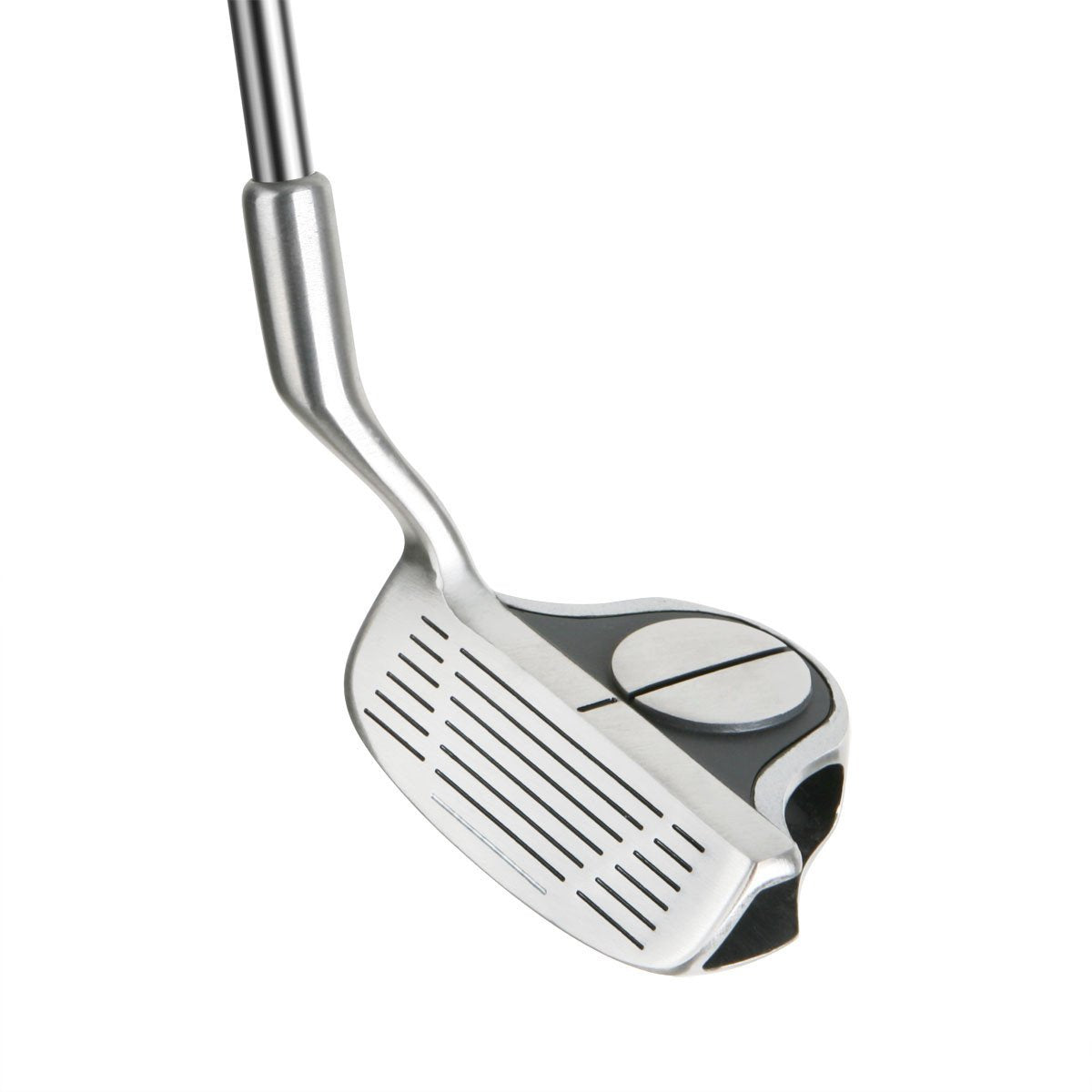 Intech EZ Roll left-handed chipper shows alignment lines guiding precise address setup.