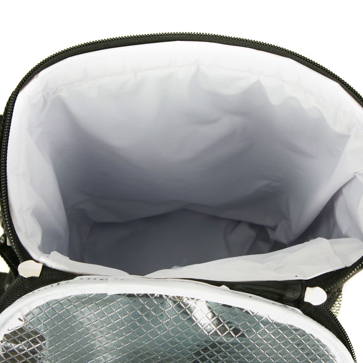 Intech golf bag cooler clip-on design attached to cart for easy transport.