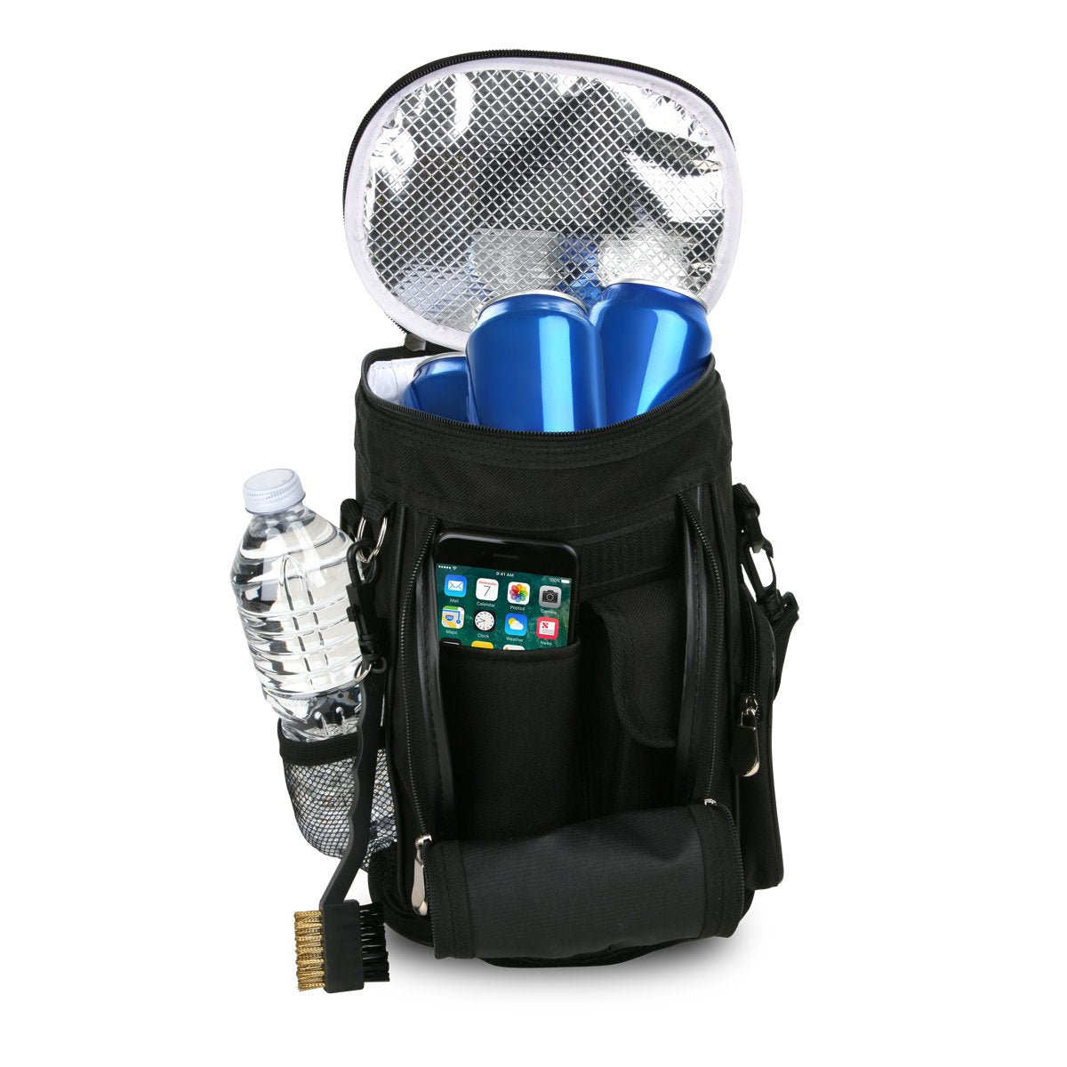Intech golf bag cooler side pocket securely stores keys and phone