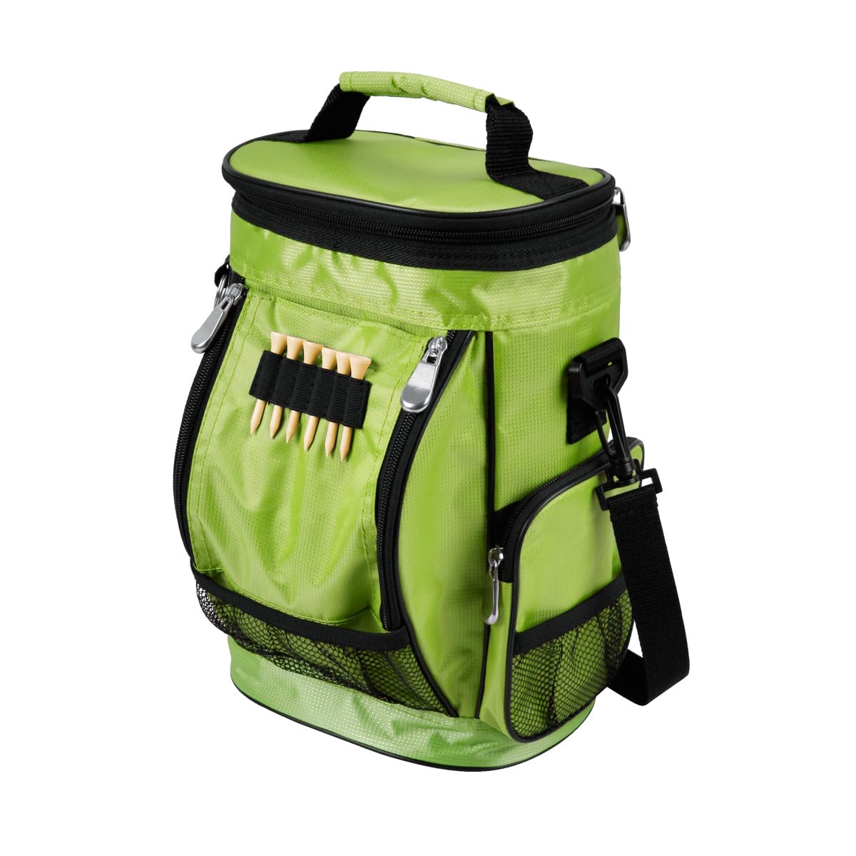 Intech golf bag cooler side view showing lime green hydration on the course.
