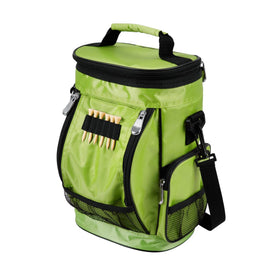 Intech golf bag cooler side view showing lime green hydration on the course.
