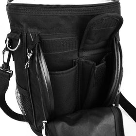 Intech golf bag cooler strapped to cart demonstrates easy transport