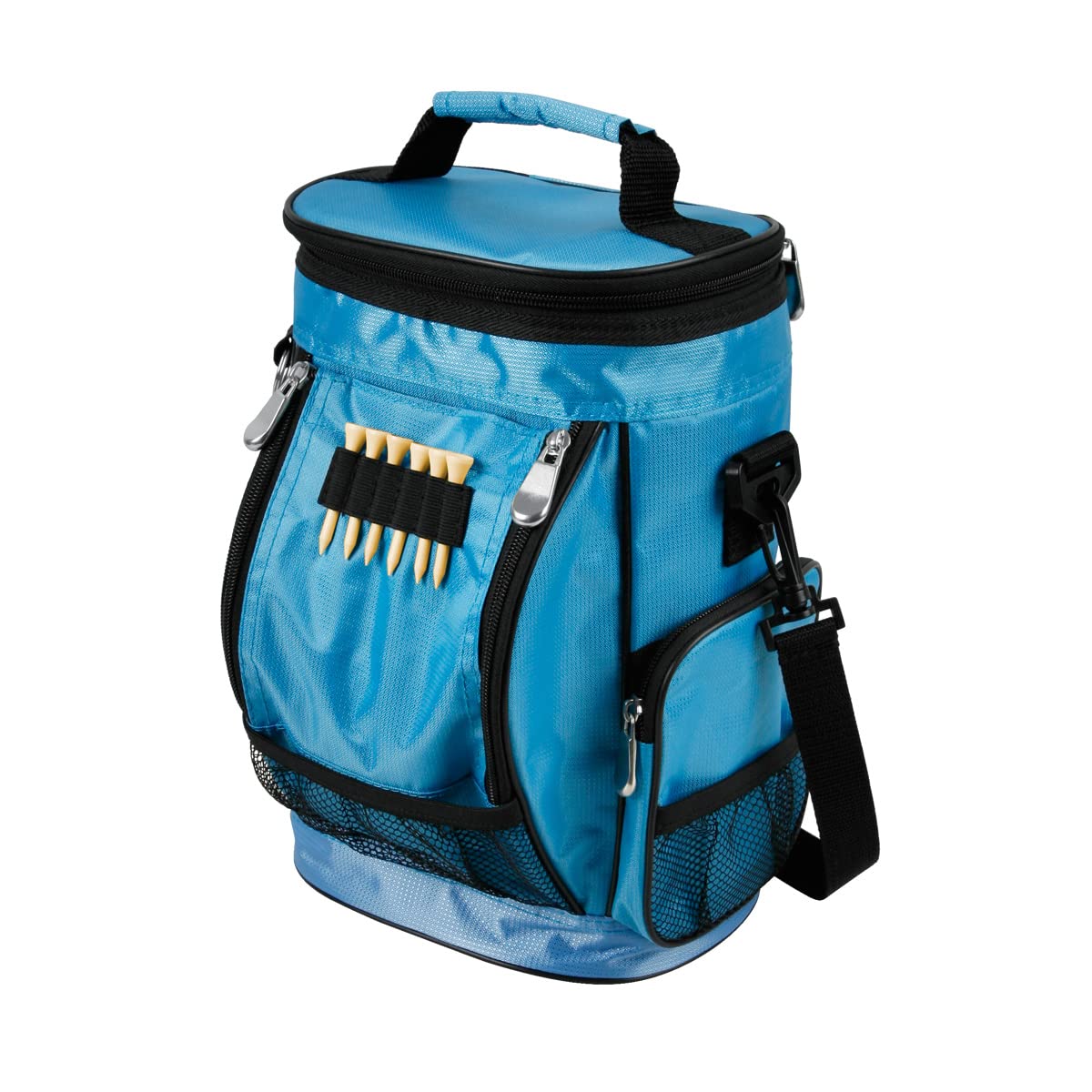 Intech light blue golf bag cooler attached to a cart for quick hydration.