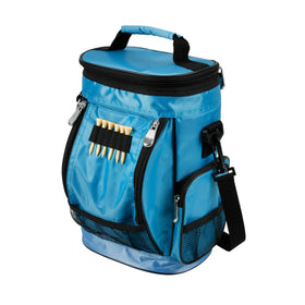 Intech light blue golf bag cooler attached to a cart for quick hydration.