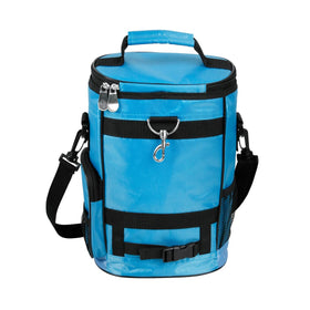 Intech golf cooler opened to show insulated liner and front pocket for valuables.