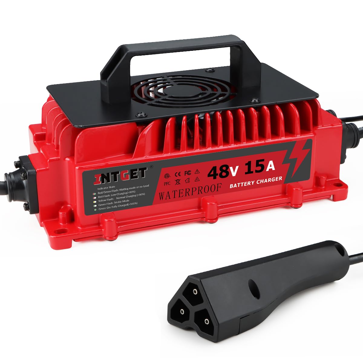 INTGET 15A 48V charger front view with triangle plug for quick golf cart charging.