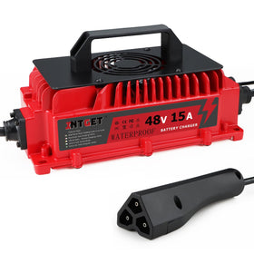 INTGET 15A 48V charger front view with triangle plug for quick golf cart charging.