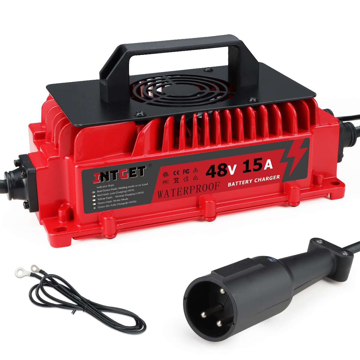 INTGET 48V golf cart charger front view for Club Car with rugged, portable design.