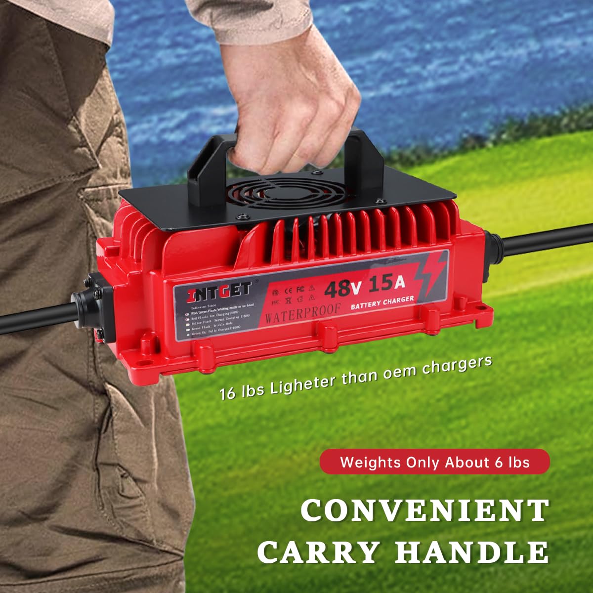 INTGET lightweight charger with handle for portable golf cart setup.