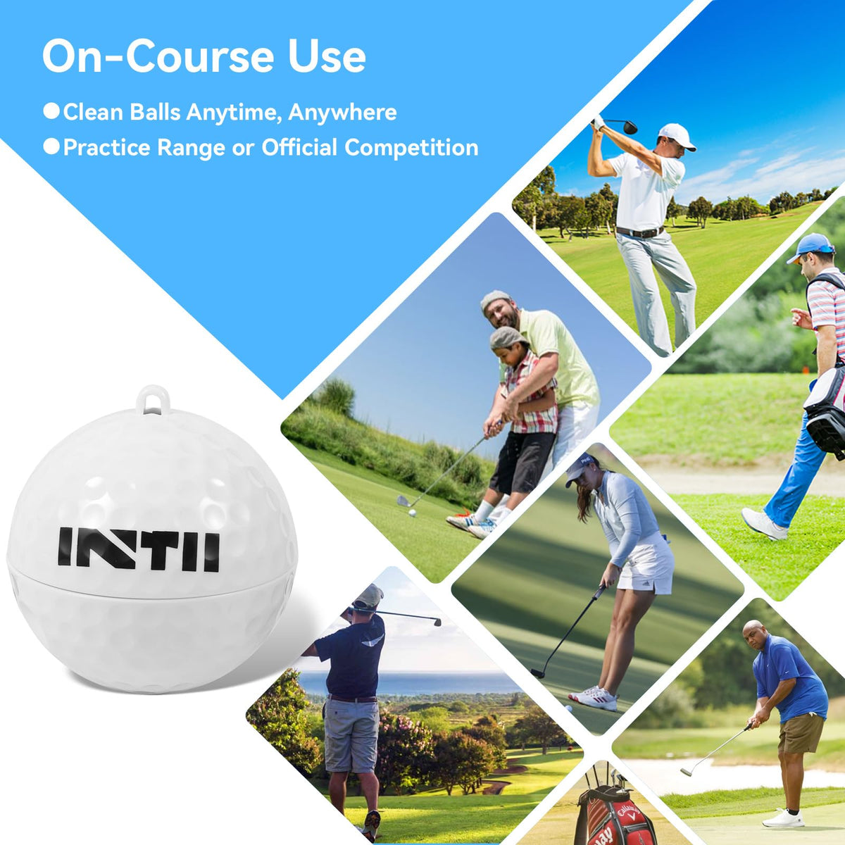 INTII clip-on cleaner for golf bag helps maintain clean balls between holes.
