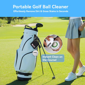 INTII lightweight golf ball washer clips to bag or cart for easy access.