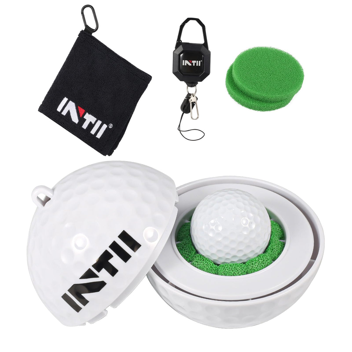 INTII portable golf ball cleaner with clip-on design for quick on-the-go cleaning.