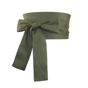 Inzegao armygreen wrap-around obi bow closeup shows soft fabric and bow detail.