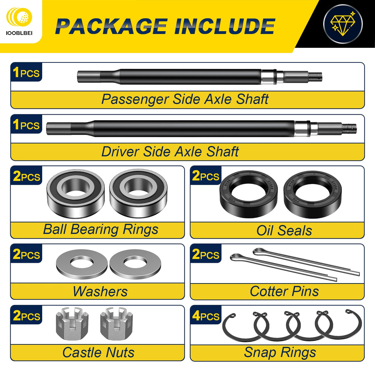 IOOBLBEI EZGO rear axle shaft 20377-G11—passenger side, heat-treated steel.