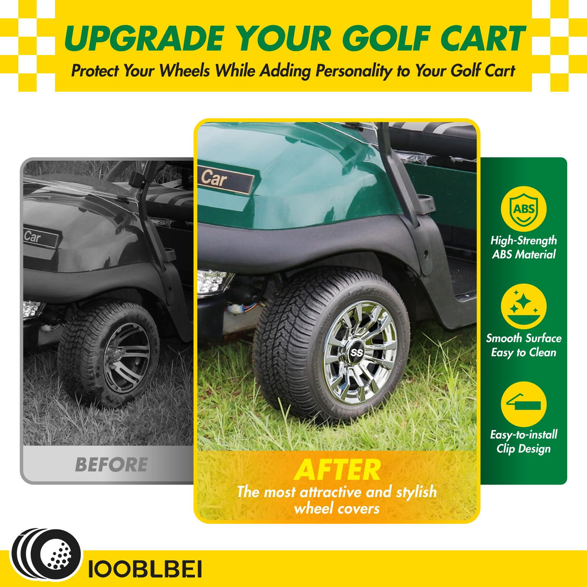IOOBLBEI hub caps install easily to upgrade cart aesthetics on 8-inch wheels.