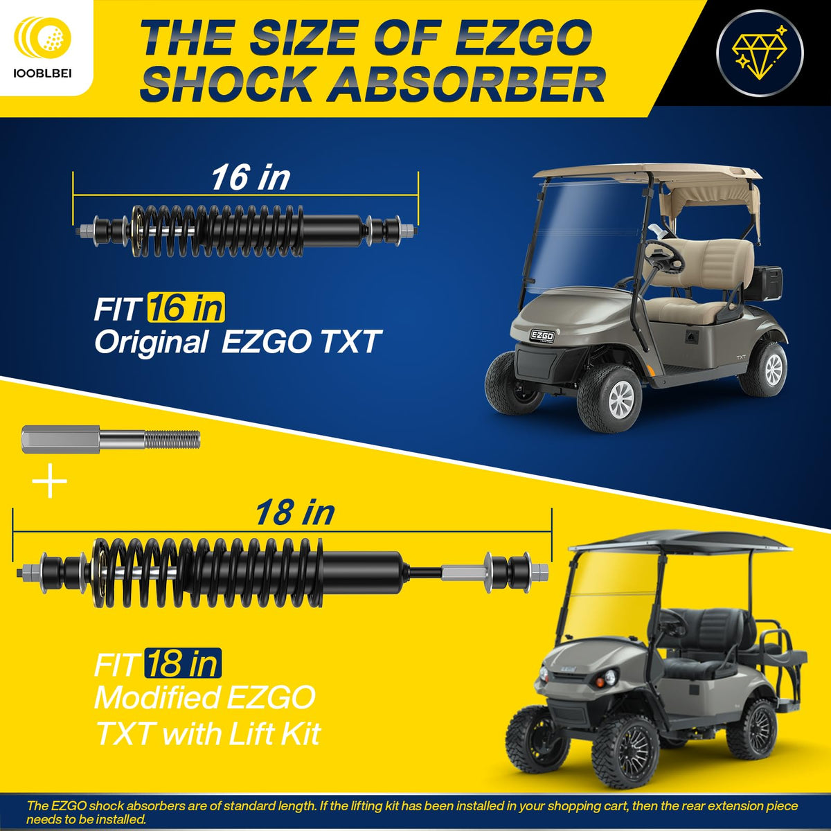 Installed IOOBLBEI EZGO shocks providing balanced damping front and rear.
