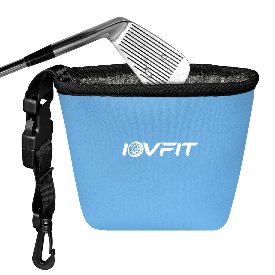 iovfit golf cleaning bag blue front view shows compact on-course storage for quick cleaning