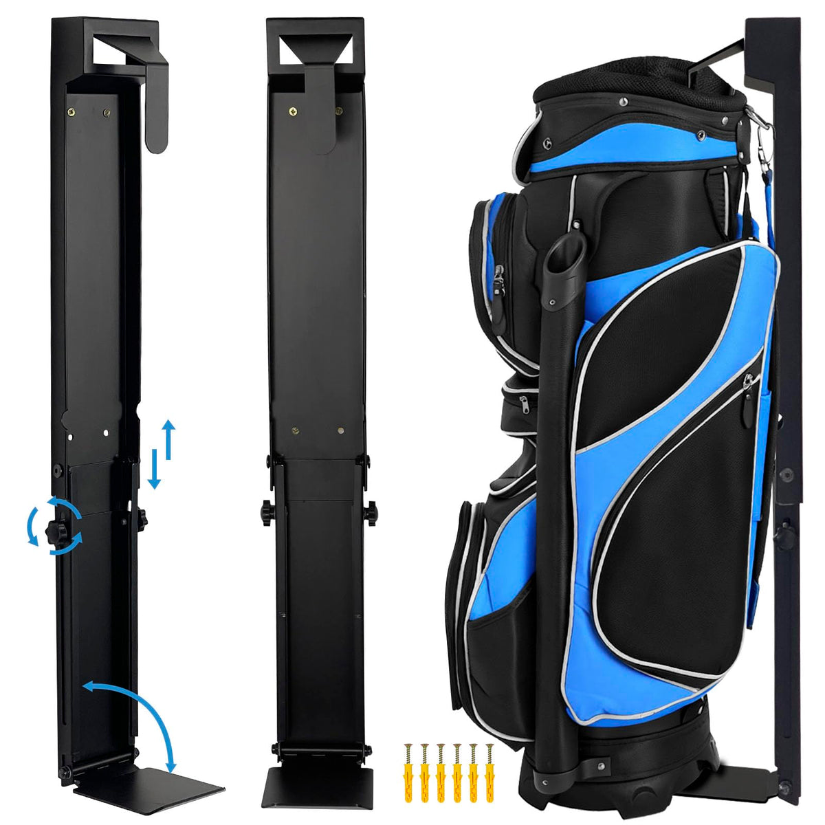 iovfit wall mount golf bag storage front view showing compact garage organization