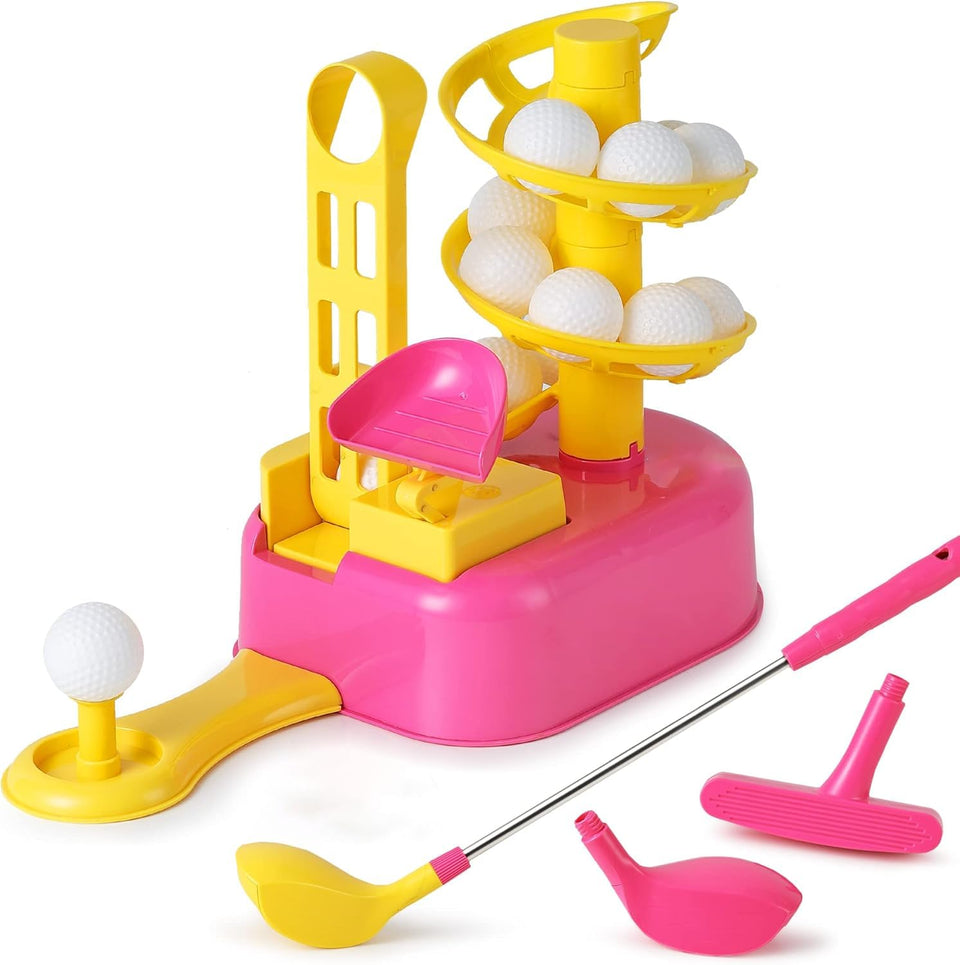 iPlay ball-to-tee-trainer in pink golf set for early motor skill practice