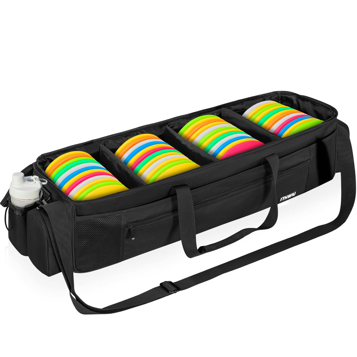 ITHWIU disc golf storage bag showing full capacity for 48+ discs in black