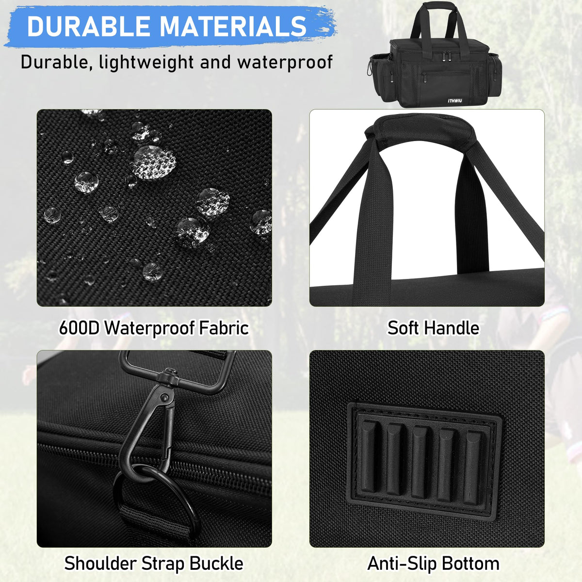 ITHWIU Disc Golf Storage Bag folded for compact carry and storage.