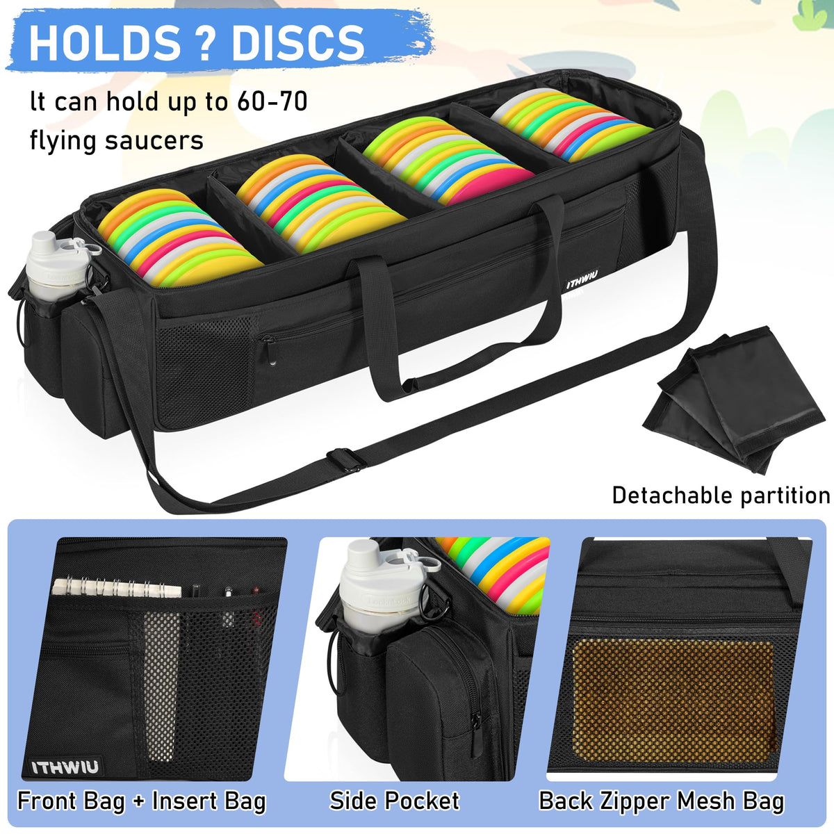 ITHWIU disc golf storage bag with four dividers and side pockets for organized gear