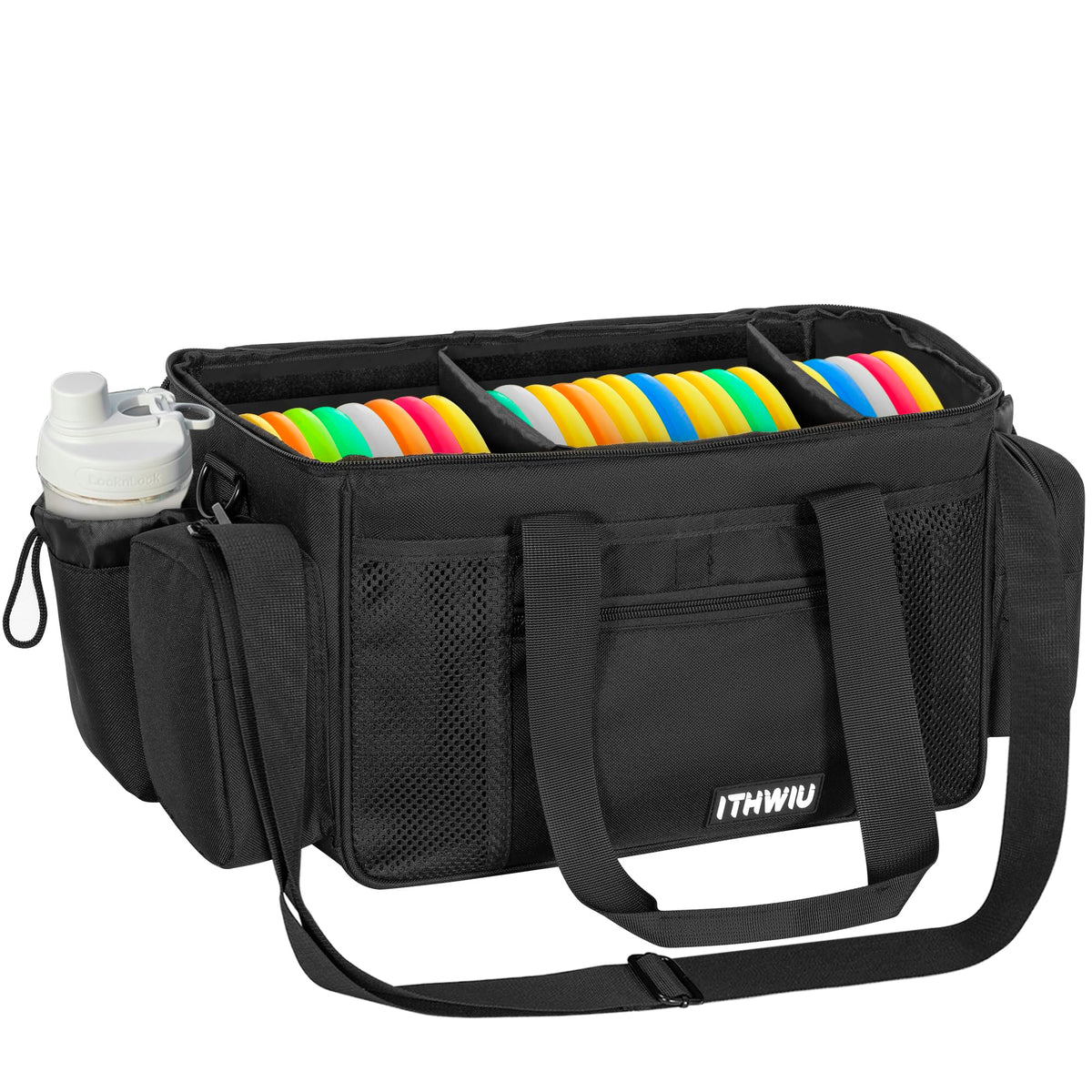ITHWIU Disc Golf Storage Bag open shows capacity for 24 discs and multiple pockets.
