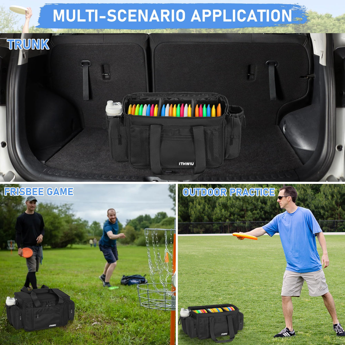 ITHWIU Disc Golf Storage Bag waterproof material protects gear during light rain.