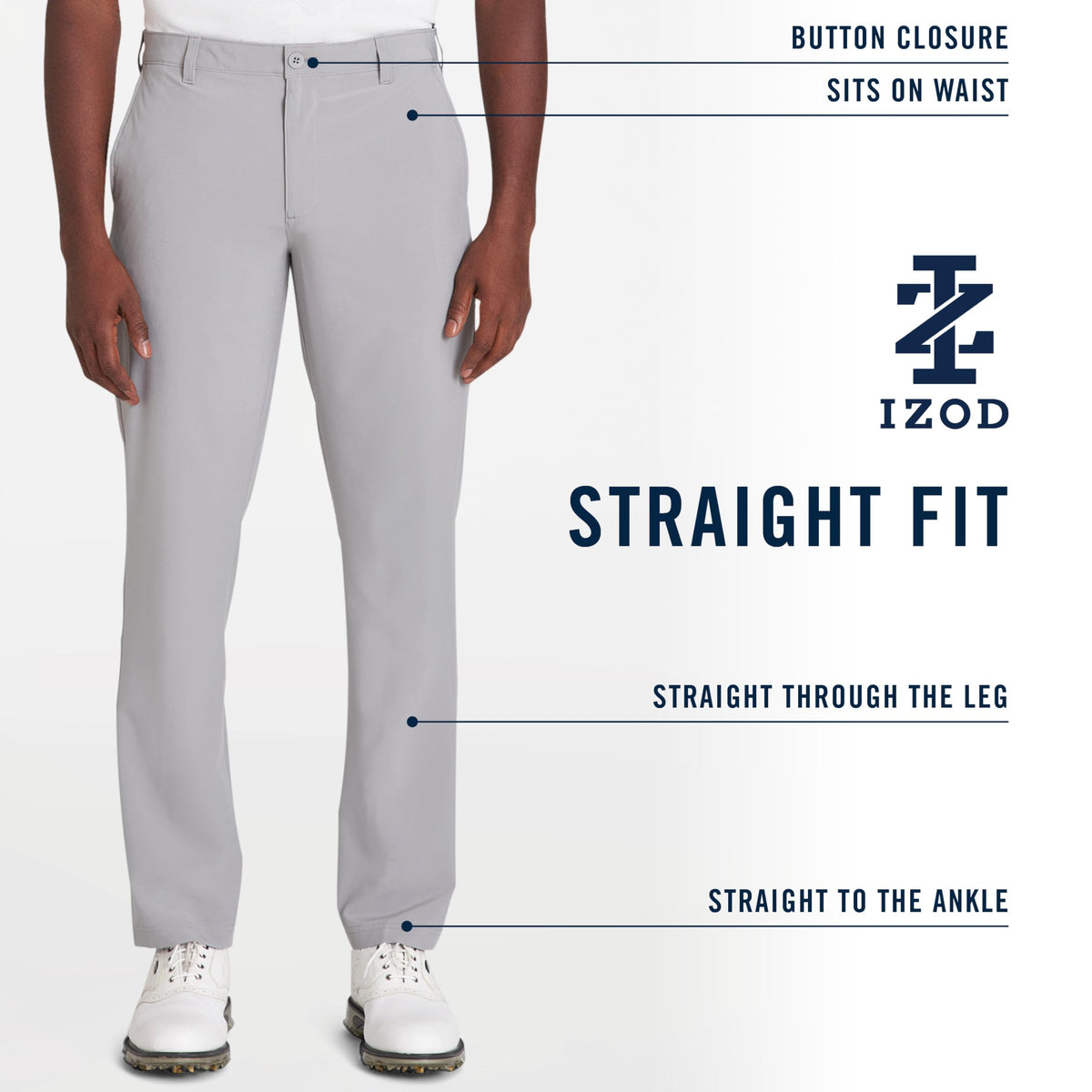 IZOD Golf Swingflex pants fabric stretch detail emphasizes comfort and mobility.