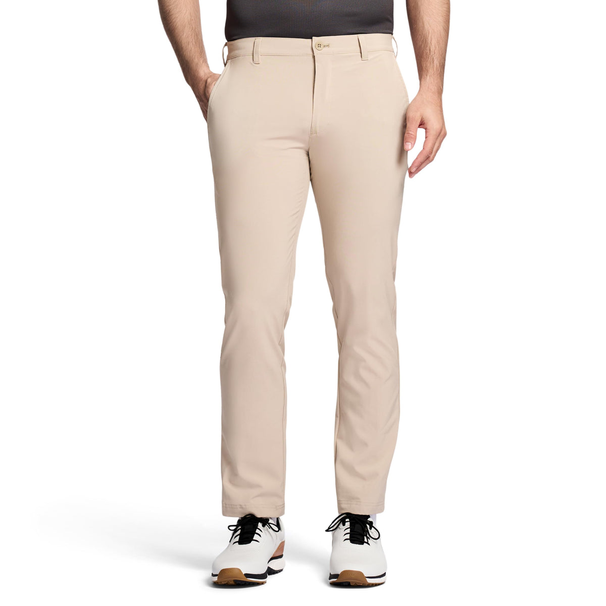 IZOD SwingFlex golf pants front view showing slim-fit design for versatile wear.