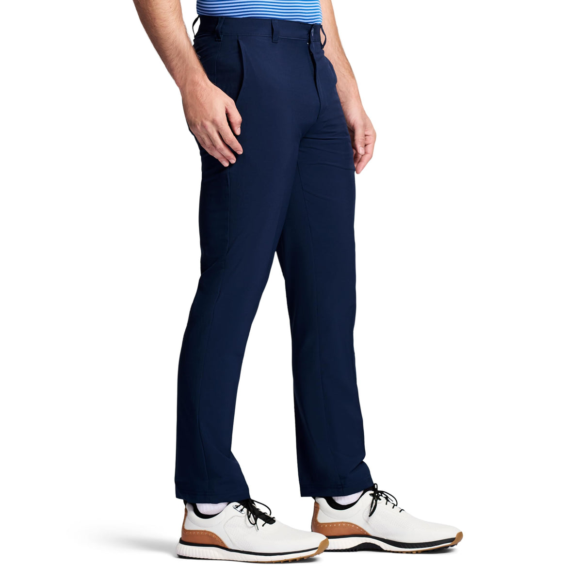 IZOD Swingflex waistband close-up showing belt-loop design for secure fit.