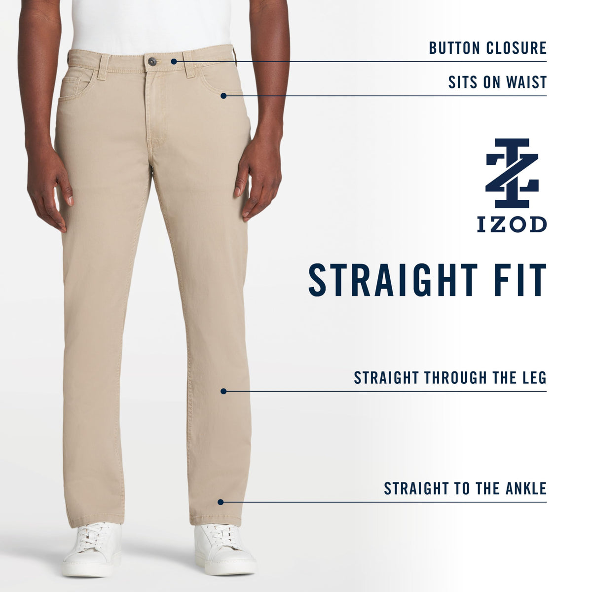 IZOD Saltwater Stretch Twill pants model wearing for versatile work-to-leisure fit.