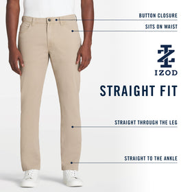 IZOD Saltwater Stretch Twill pants model wearing for versatile work-to-leisure fit.