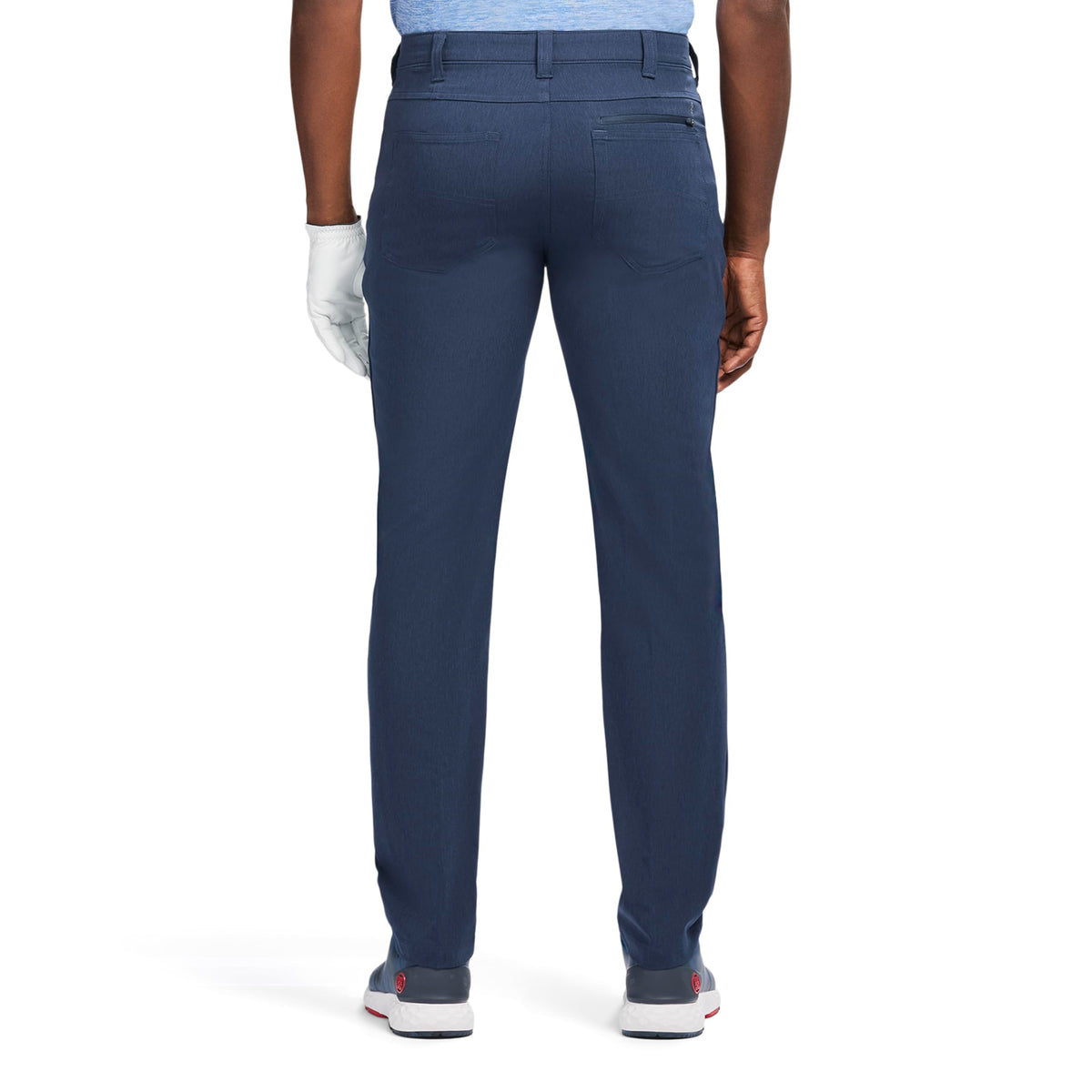 Izod Swingflex dobby pant pocket detail highlights security zip and convenient storage